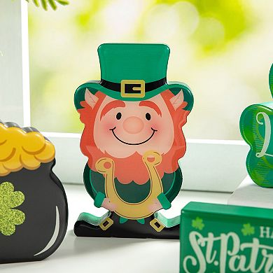 Glitzhome 6"H Set of 4 St Patrick's Epoxy Wooden Pot of Leprechaun Table Decor