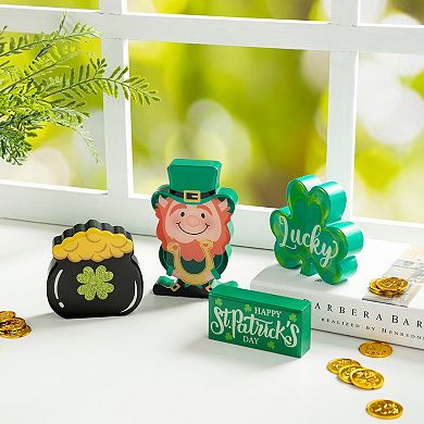 Glitzhome 6"H Set of 4 St Patrick's Epoxy Wooden Pot of Leprechaun Table Decor