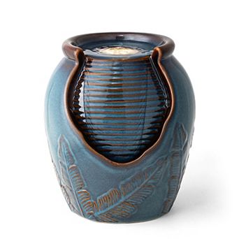 Glitzhome 9.25"H Turquoise Leaf Textured Ceramic Jar Tabletop Fountain