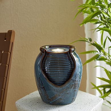 Glitzhome 9.25"H Turquoise Leaf Textured Ceramic Jar Tabletop Fountain