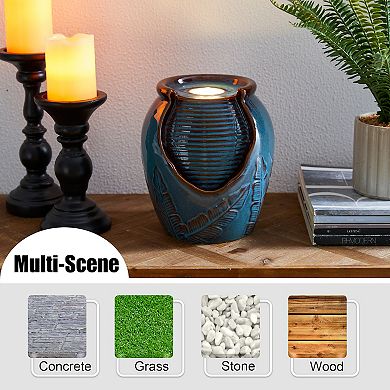 Glitzhome 9.25"H Turquoise Leaf Textured Ceramic Jar Tabletop Fountain