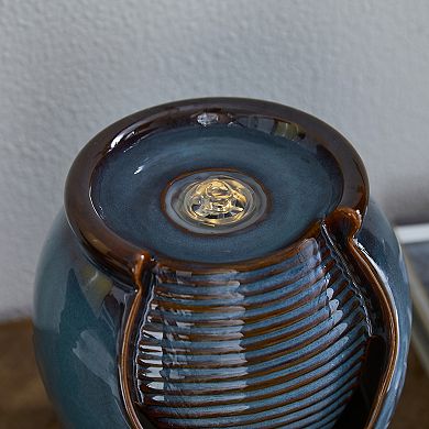 Glitzhome 9.25"H Turquoise Leaf Textured Ceramic Jar Tabletop Fountain