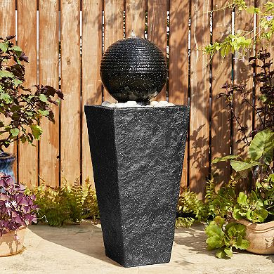 Glitzhome Black Geometric Pedestal and Sphere Polyresin Outdoor Floor Fountain