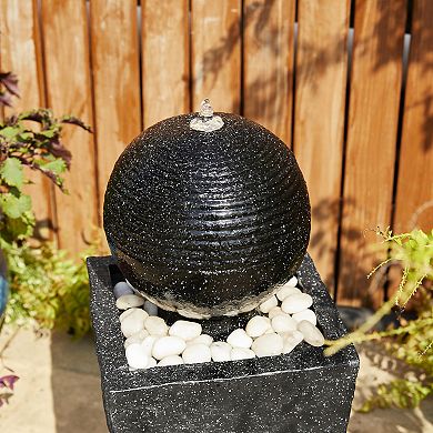 Glitzhome Black Geometric Pedestal and Sphere Polyresin Outdoor Floor Fountain
