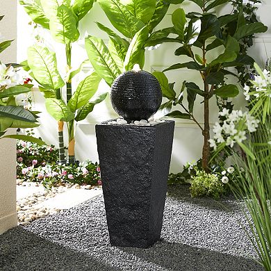 Glitzhome Black Geometric Pedestal and Sphere Polyresin Outdoor Floor Fountain