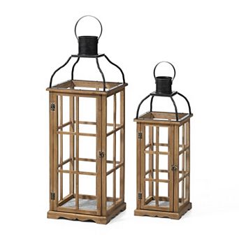 Glitzhome Set of 2 Oversized Farmhouse Wood/Metal Natural Lanterns