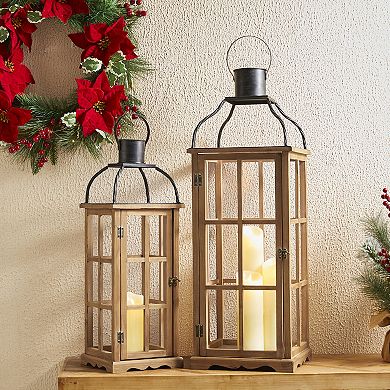 Glitzhome Set of 2 Oversized Farmhouse Wood/Metal Natural Lanterns