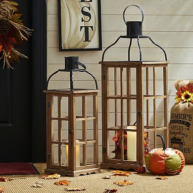 Glitzhome Set of 2 Oversized Farmhouse Wood/Metal Natural Lanterns