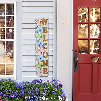 Glitzhome 42"H Realistic Solid Wood "WELCOME" Porch Sign with Butterfly