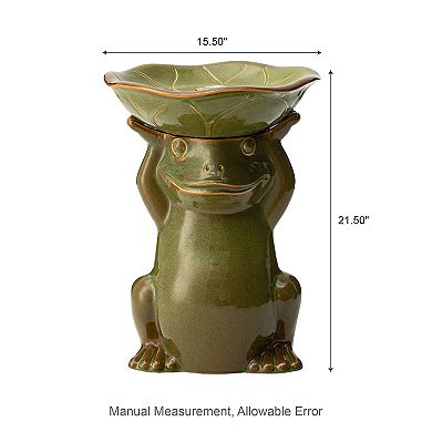 Glitzhome Olive Green Frog Hold a Lotus Birdbath Ceramic Outdoor Floor Fountain