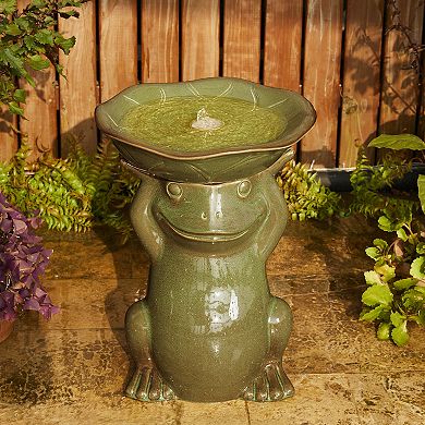 Glitzhome Olive Green Frog Hold a Lotus Birdbath Ceramic Outdoor Floor Fountain