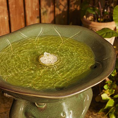 Glitzhome Olive Green Frog Hold a Lotus Birdbath Ceramic Outdoor Floor Fountain