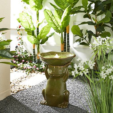 Glitzhome Olive Green Frog Hold a Lotus Birdbath Ceramic Outdoor Floor Fountain