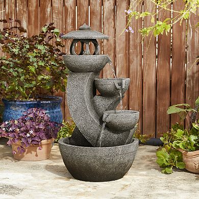 Glitzhome 32"H 4-Tiered Interesting Pagoda Polyresin Outdoor Fountain