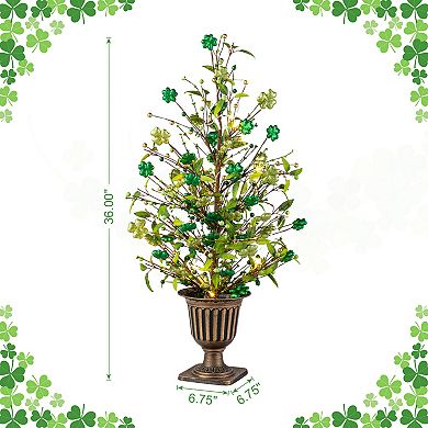 Glitzhome 2PK 36"H St. Patrick's Shamrock Urn Porch Tree with Timer & Lights