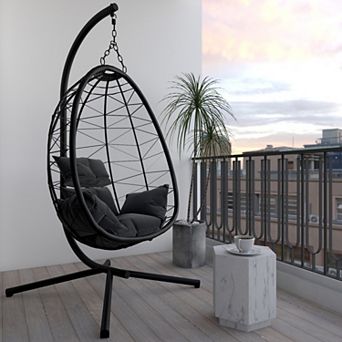 Ozarke Swing Floor Chair Patio Rattan Hanging Swing Chair with Stand