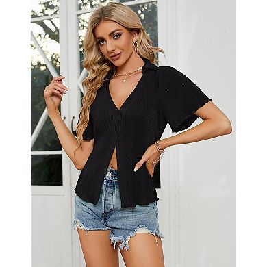 KOJOOIN ladies deep V-neck cardigan button-down shirt front slit short sleeve pleated top