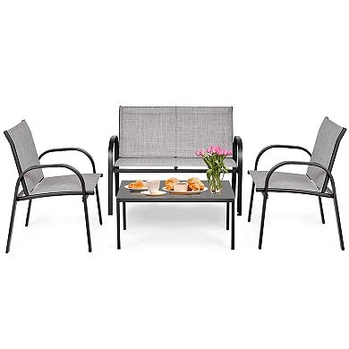 4 Pieces Patio Furniture Set with Glass Top Coffee Table