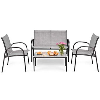 4 pc Patio Furniture Set with Glass Top Coffee Table