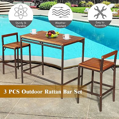 3 Pieces Patio Rattan Wicker Bar Dining Furniture Set