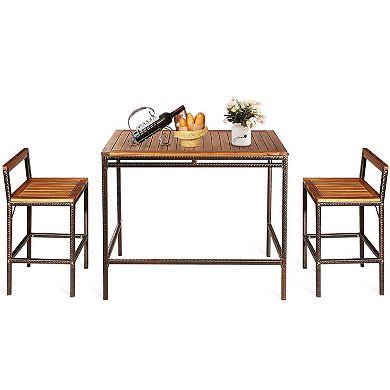 3 Pieces Patio Rattan Wicker Bar Dining Furniture Set