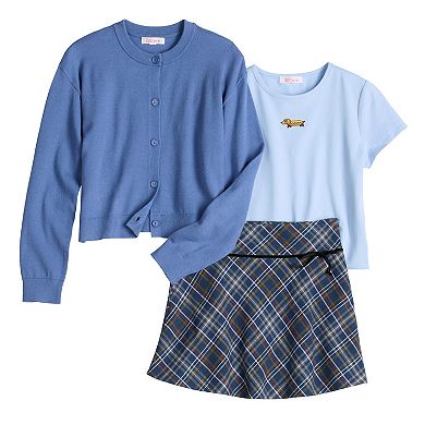 Girls 7-16 Mini Society 3-Piece Button Cardigan, T-Shirt & Skirt Set