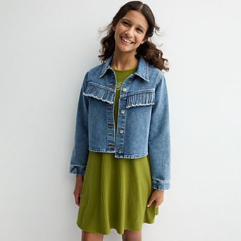 Girls 7-16 Mini Society 2 pc Fringe Denim Jacket & Dress Set