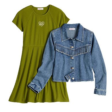 Girls 7-16 Mini Society 2-pc. Fringe Denim Jacket & Dress Set