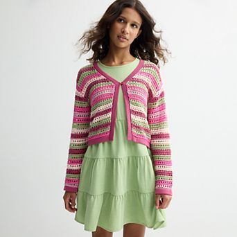 Girls Mini Society Crochet Stripe Cardi & Dress Set