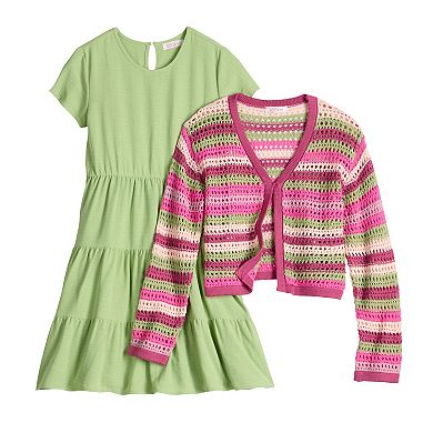 Girls Mini Society Crochet Stripe Cardi & Dress Set