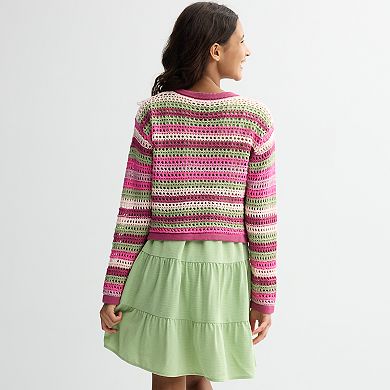 Girls Mini Society Crochet Stripe Cardi & Dress Set