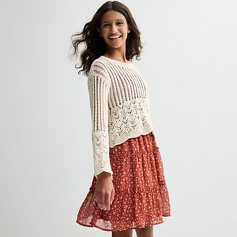 Girls 7-16 Mini Society Crochet Pop Over Sweater & Woven Dress Set
