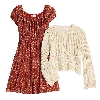 Girls 7-16 Mini Society Crochet Pop Over Sweater & Woven Dress Set
