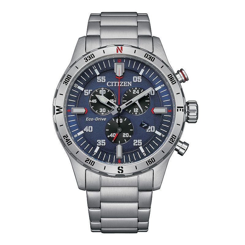 Citizen Men's Eco-Drive Stainless Steel Blue Accent Chronograph Bracelet Watch - AT2520-89L, Size: 44MM, Blue Silver