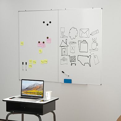 Emma And Oliver 60" x 48" Magnetic Dry Erase Board For Wall With Tray And Aluminum Frame