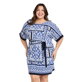 Plus Size R&M Richards Double Border Puff Print Jersey Dress