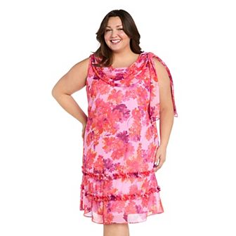 Plus Size R&M Richards Side Tie Print Ruffle Trim Chiffon Dress