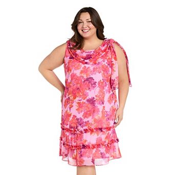 Plus Size R&M Richards Side Tie Print Ruffle Trim Chiffon Dress