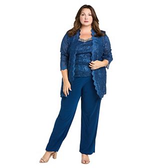 Plus Size R&M Richards 3 pc Scallop Lace Duster, Beaded Neck Tank Top & Pants Set