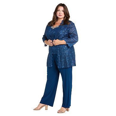 Plus Size R&M Richards 3-pc. Scallop Lace Duster, Beaded Neck Tank Top & Pants Set