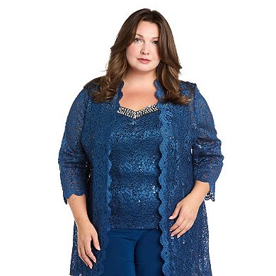 Plus Size R&M Richards 3-pc. Scallop Lace Duster, Beaded Neck Tank Top & Pants Set