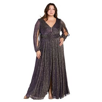 Plus Size R&M Richards Long Crinkle V-Neck Long Sleeve Pleated Dress