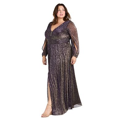 Plus Size R&M Richards Long Crinkle V-Neck Long Sleeve Pleated Dress