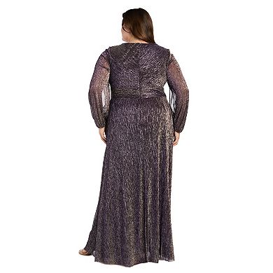Plus Size R&M Richards Long Crinkle V-Neck Long Sleeve Pleated Dress