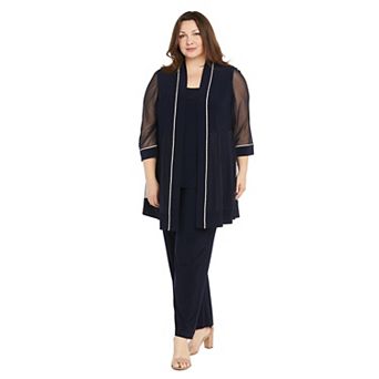 Plus Size R&M Richards 2 pc Mesh Inset Jacket & Mock Pantsuit with Rhinestone Detail Set