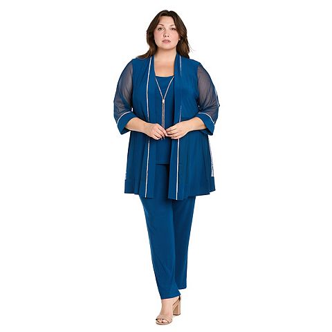 Женские платья R&M Plus Size R&M Richards 2 pc Mesh Inset Jacket & Mock Pantsuit with Rhinestone Detail Set