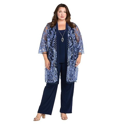 Женские платья R&M Plus Size R&M Richards 4 pc Embroidered Sequin Duster Jacket, Tank Top & Jersey Pants Set with Necklace