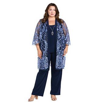 Plus Size R&M Richards 4 pc Embroidered Sequin Duster Jacket, Tank Top & Jersey Pants Set with Necklace