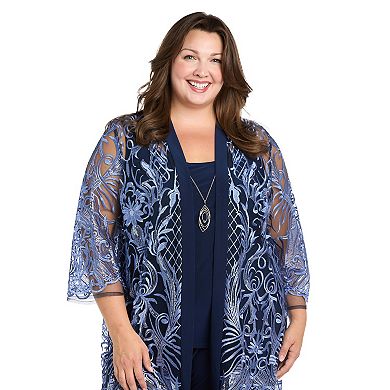 Plus Size R&M Richards 4-pc. Embroidered Sequin Duster Jacket, Tank Top & Jersey Pants Set with Necklace