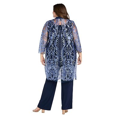 Plus Size R&M Richards 4-pc. Embroidered Sequin Duster Jacket, Tank Top & Jersey Pants Set with Necklace